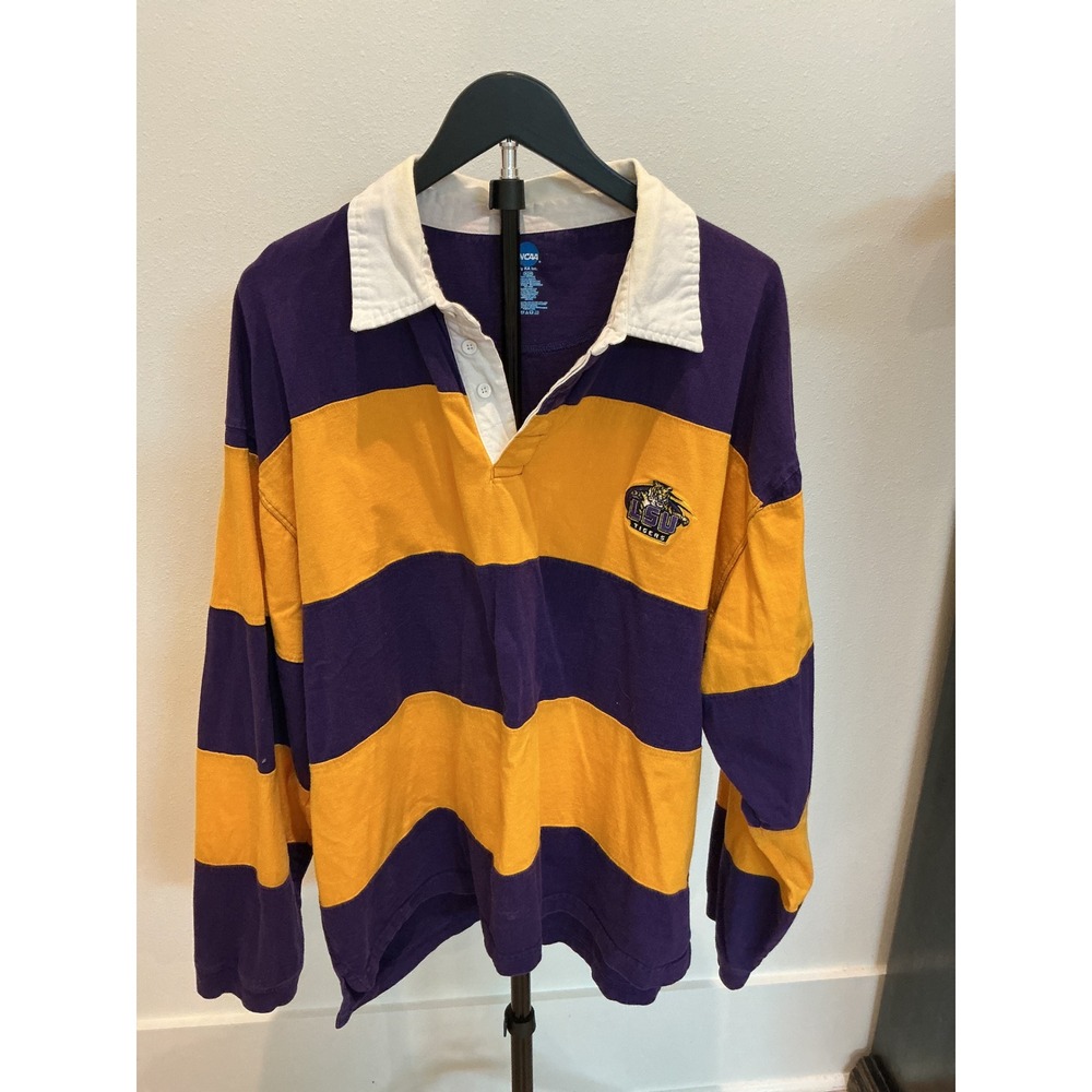 NCAA LSU Tigers Rugby Shirt Mens 2XL Purple Gold Striped Long Sleeve KA Inc Logo